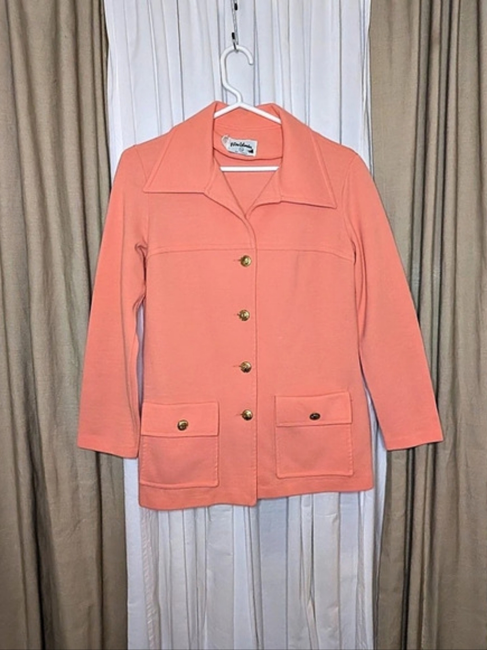 VTG 70s Fire Islander Coral Pink Knit Button Up Safari Jacket Top Sz 11/12